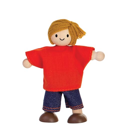 PlanToys® Boy Dollhouse Wooden Figurine Poseable 1:12 Scale 4-Inch Doll | son character, doll house people accessories, bendable arms, kids pretend play, girls storytelling gift ages 3+ for boys - color: Caucasian Boy