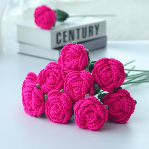 10PCS Hot Pink Crochet Roses | 16.1 in x 2.36in; wool yarn + thin iron wire stem; 100% hand crochet; vase filler, DIY wreath, bouquet, home decor, gift - color: Hot Pink