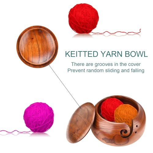 Joyeee Wooden Yarn Bowl, Yarn Holder for Crocheting, Crochet Bowl Accessories Holder with Holes Handmade to Prevent Slipping, Perfect Crochet Holder for Crocheting and Knitting Mothers Day Gift 6.3'' - color: Rosewood with lid, 6.3''