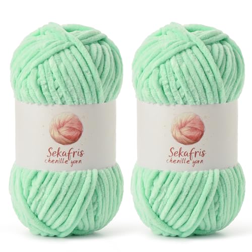 2 Pack Chunky Chenille Yarn for Crocheting, Baby Yarn for Crocheting Soft Blanket, 174.9 yds /7 oz Crochet Yarn, Bulky 5 Amigurumi Yarns, Fluffy Velvet Yarns for Knitting Crafts (2 Mint Green) - color: 2 Mint Green