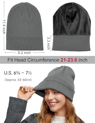 Fleece Lined Wool Beanie Hat Men Women, Warm Cuffed Winter Cap | 50% Wool Thermal Knit, Soft Velvet Fleece Liner, Long Style Full Ear Cover Warm Watch Cap, Tall Roomy Crown Skull Cap - color: Light Gray