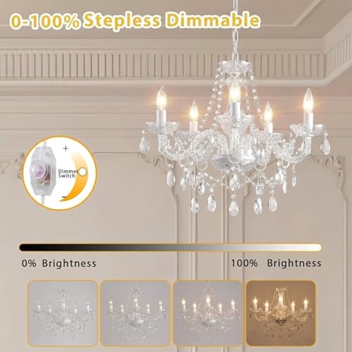 DIMMABLE Full Glass Plug in Chandelier 5 Light Crystal (Bulbs Included), White Hanging Pendant Ceiling Light Fixture with Long Cord, Modern K9 Crystals for Bedroom Dining Living Room Kitchen Island - color: White