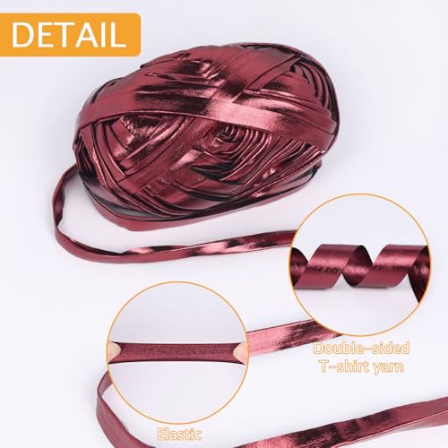 NICEEC 2 Skeins Metal T-Shirt Yarn Double-Side- Wine Red | Bright, Glossy, Crochet & Knitting, Fabric Cloth Yarn Handmade DIY Craft Bag Basket Cushion-Totle Length 64yds(7.1oz) - color: Wine Red, size: Double-Side