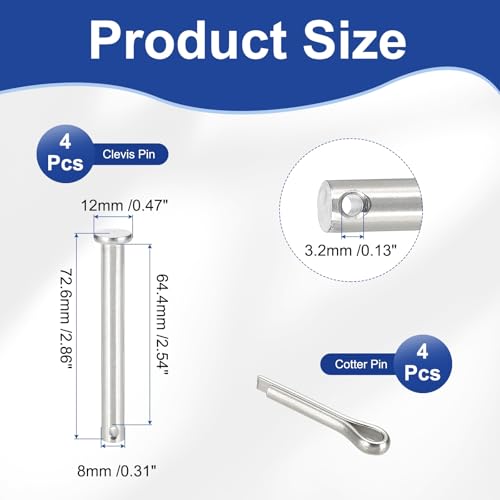 uxcell 4Pcs M8x70mm Clevis Pins, 304 Stainless Steel Single Hole Flat Head Hitch Fastener Lock Systems with Cotter Pins for Furniture Installation Trailer Lawn Mower, Silver - size: M8x70mm