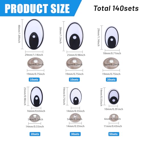 GLOBLELAND 140 Set 6 Sizes Black Eye Safety Craft Eyes Plastic Doll Craft Round Safety Eyes DIY Accessories with Spacer for DIY Doll Bear Puppet Plush Animal Making