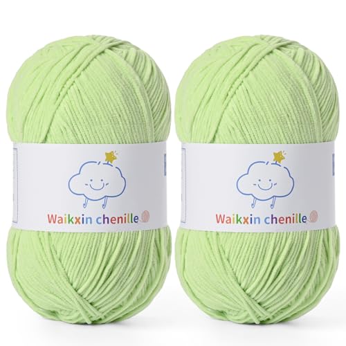 Fluffy Chenille Yarn for Crocheting，Baby Yarn for Crocheting Soft，2 Pack of 100g/3.5oz Velvet Amigurumi Yarn ，Fingering Weight Yarns for Crocheting Baby Blankets、DIY Craft.(2 Fresh Green) - color: [2 Fresh Green]
