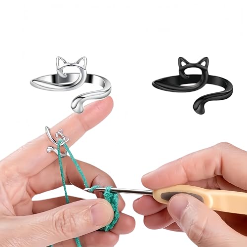 2Pcs Crochet Rings for Crocheting Adjustable Crochet Tension Ring for Finger Cat Yarn Guide Ring Knitting Crochet Accessories for Crochet Mother Grandma Gifts (Silver & Black) - color: Silver ,Black