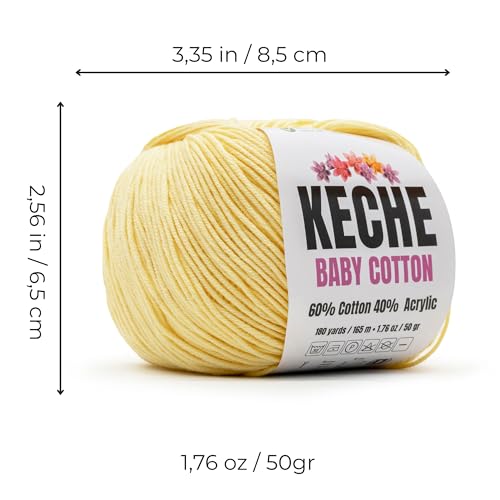 Keche Baby Cotton, 60% Cotton 40% Acrylic Yarn, Soft Cotton Yarn for Crochet and Knitting, Amigurumi Yarn 1 Skein/Ball 1.76 Oz (50g) / 180 Yrds (165m) - Pastel Yellow - color: PASTEL YELLOW, size: 1 SKEIN