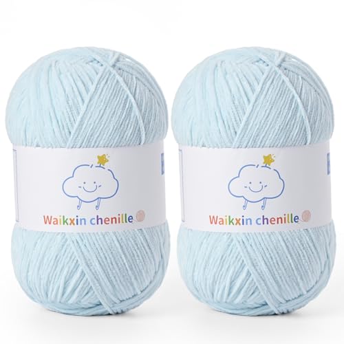 Fluffy Chenille Yarn for Crocheting，Baby Yarn for Crocheting Soft，2 Pack of 100g/3.5oz Velvet Amigurumi Yarn ，Fingering Weight Yarns for Crocheting Baby Blankets、DIY Craft.(2 Baby Blue) - color: [2 Baby Blue]