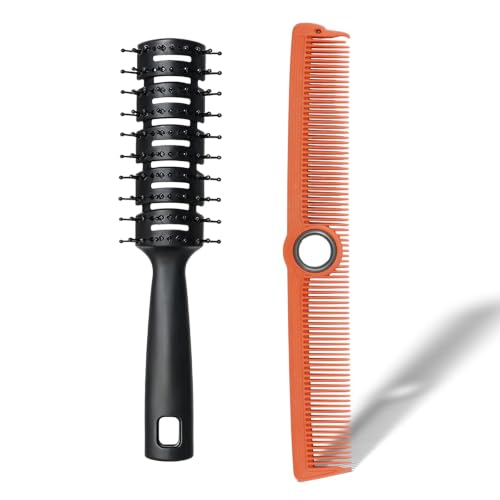 Round Vented Hair Brush & Barber Fine Tooth Cutting Comb Set (Orange) | 360° Rotatable Finger Spin Comb for Blow Drying, Volume Curling, Hair Sectioning, for Salon Barbershop & Home Use - color: Orange
