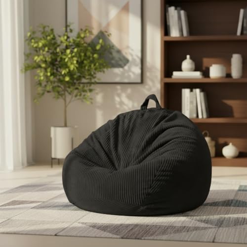 ZhenLives Stuffed Animal Storage Bean Bag Chair Cover, Cover Only (No Filler), Corduroy Toy Organizer Floor Cushion Seat, 48 in/120 cm Slipcover for Teens & Adults, Black - color: Onyx Black, size: Adult (Cover Only）