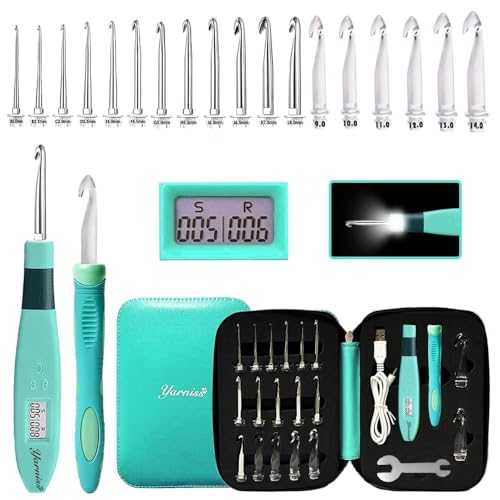 Yarniss 18 Size Counting Crochet Hooks Set with Light Handle 2.0mm~14.0mm | Digital Counter Crochet Hook with Metal Head,Glow In Dark Better for Night Crocheting - color: Turquoise-18 Size with Light & Counter