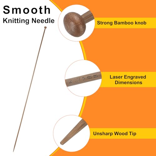 HARFINGTON 2.75mm Bamboo Knitting Needle Straight Single Pointed 13.8 Inch Long Wooden Sweater Knitting Needles US Size 2 for Yarn Beginners Hand Sock DIY - size: 2.75mm US Size 2