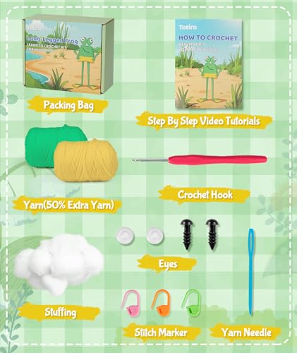 Totiro Crochet Kit for Beginners, Long-Legged Frog Amigurumi Starter Kit, Easy DIY Craft Set with Step-by-Step Video Tutorials, Animal Crochet Pattern Learning Kit for Teens Adults Birthday Gift - color: Frog