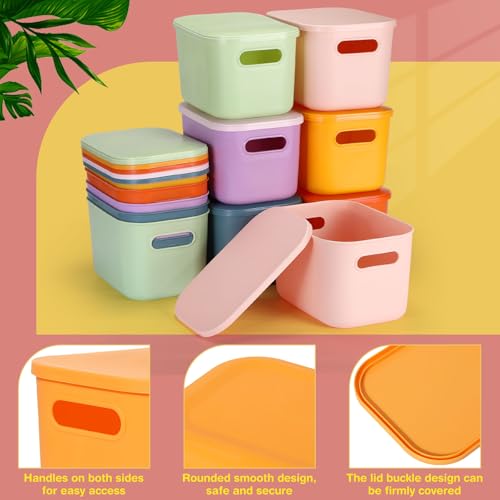 Thyle 12 Pack Pastel Colorful Plastic Storage Bins with Lids 7 Quart Toy Storage Box Stackable Nestable Organizer Boxes with Handle and Labels for Classroom Shelf Bedroom Desktop Toys School Supplies - color: Macaron Color