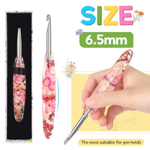Katech 6.5mm Crochet Hook for Arthritic Hands,Hand-Polished Stainless Steel | Ergonomic Crochet Hooks with Customized Sparkle Dried Floral Grip, Smooth Tapered Hook-Crochet Gift for Beginner & Crocheter - size: 6.5mm