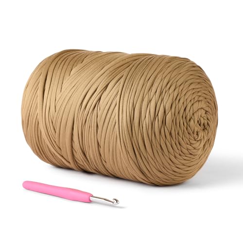 (800g/228yds) T Shirt Yarn, Soft Tshirt Crochet Yarn for Crafts and DIY Knitting Crocheting Cloth/Bag/Basket/Coaster, 100% Polyeste Elastic Fabric Chunky Thick Yarns for Crocheting（Dark Khaki） - color: Dark Khaki