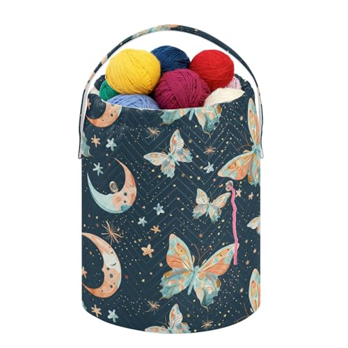 Fustylead Watercolor Hand Draw Butterflies and Moon Stars Yarn Crochet Tote Basket, Large Knitting Drawstring Organizer Yarn Storage Bag for Crocheting Project, Sewing Supplies, Yarn Balls, Needles - color: Blue07 Butterflies
