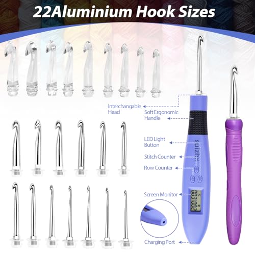 Counting Crochet Hook Set Digital, Crochet Kit with 22 Different Size Interchangeable Crochet Needle, Light Up Crochet Hooks for Stitch & Row Counter, Ergonomic Crochet Hooks with 2 Levels Led