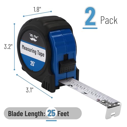 Mr. Pen- Retractable Tape Measure 25 ft, 2 Pack, Dark Blue, Easy Read | Steel Retractable Measuring Tape with Fractions, Ideal for Construction & DIY Projects - color: Dark Blue, size: 2 pcs