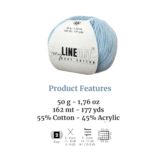 Baby Cotton Yarn, 55% Cotton 45% Acrylic, Fine (2) for Crochet and Knitting 4x1.76 Oz (4x50g) / 4x177 Yrds (4x162m), Soft Yarn, Amigurumi Yarn - color: Blue, size: 4 Skeins