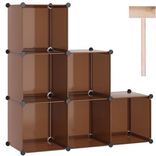 C&AHOME 6-Cube Storage Organizer Cube Shelf Closet Storage Bookcase, Brown | Stackable Cubby Storage, Bookshelf, Portable Plastic Storage Closet Organizer, DIY Modular Shelving Units for Home, Wardrobe - color: Brown
