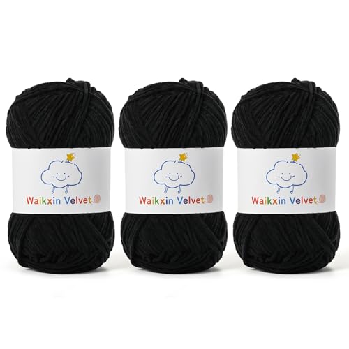 3 Pack Fluffy Chenille Yarn for Crocheting，Baby Yarn for Crocheting Soft，150g/5.28oz Velvet Amigurumi Yarn ，Fingering Weight Yarns for Crocheting Baby Blankets、DIY Craft.(3 Black) - color: 3 Black