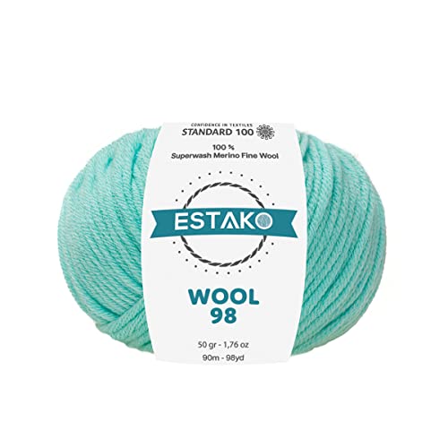 Estako Wool 98 100% Superwash Merino Wool Worsted Weight Yarn, Turquoise | 1.76 oz, 98 yds, cyc 4 medium, aran, machine washable, 5 mm needles, 6 mm hook, 20 sts gauge, crocheting, sweaters - color: 6386 - Turquoise, size: 1 Skein
