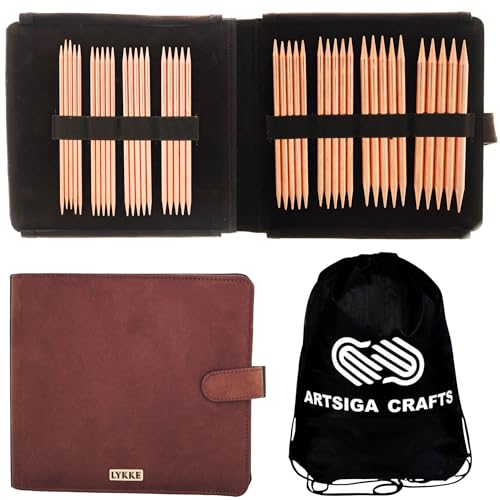 Lykke Cypra Large 6-inch DPN Knitting Needles Set | Large US 6, 7, 8, 9, 10, 10.5, 11, 13 Brown Case, Birchwood Semi-Sharp Tips, Project Bag - color: Cypra-with-Brown-Suede-Case