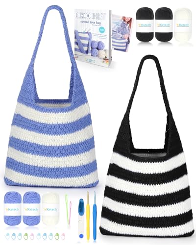 Katech Crochet Kit for Beginners w/Striped Tote Bag 3-1 Crochet Book | Crochet Starter Kits for Adults Includes Yarn Crochets Hooks Accessories Knitting Kit Crafts for Adults Holiday Gift Two-Tone - color: Black and Bule