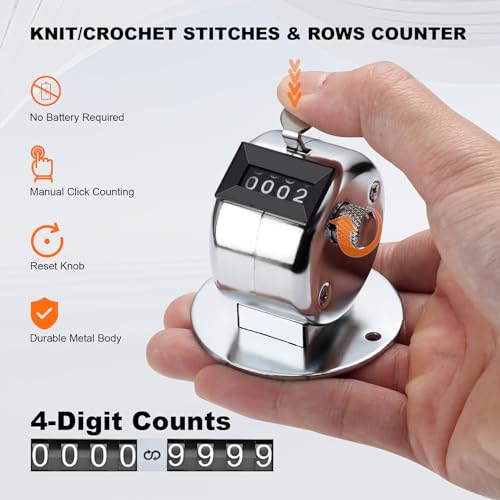Stitch Counters for Knitting and Crocheting, Metal Knitting Row Counter | Hand Tally Clicker Counter, Battery-Free Counter, 4-Digit Display, Portable Finger Ring, Multi-Use Clicker (1 Pack)