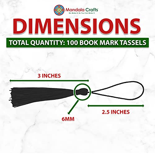 Mandala Crafts 100 Black Silky Bookmark Tassels with Loops for Crafts | Machine Washable, Polyester Mini Craft Tassels for Jewelry Making, Graduation Decorations, Keychains, Gift Tags & Ornaments - color: Black, size: 5.5 Inches