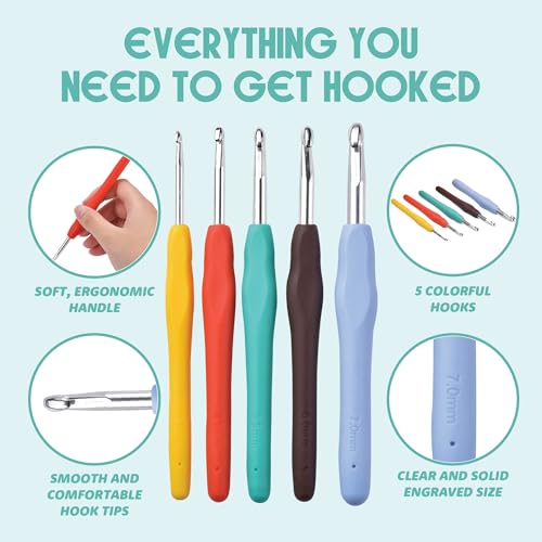 Mira HandCrafts Crochet Kit for Beginners - Essentials Set with 12 Acrylic Yarn Skeins and Other Knitting Accessories, Including Ruler, Hooks, Needles, Stitch Holders, Row Counters, Measuring Tape - size: 12 Pack Kit