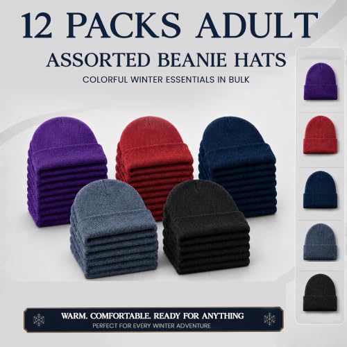 Yacht & Smith Wholesale Beanie and Glove Winter Bulk Kit, Kids Adults Bulk Sets, Homeless Donation Shelters - color: 12 Packs Adults Assorted Bold Beanies