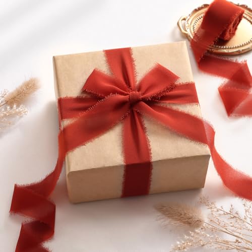 DORIS HOME Handmade Frayed Fringe Chiffon Ribbon 1" x 21Yd Terracotta | Fabric Ribbon, For Flower Bouquet/Gift Wrapping/Wedding Invitations/Halloween Decorations/Fall Decor - color: Terracotta
