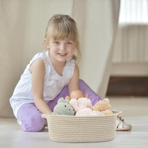 XUANGUO Medium Woven Cotton Rope Storage Basket with Handles, Oatmeal | Small decorative rectangle storage bin for baby nursery items and cat toys; ideal as an empty gift basket or dog toy basket - color: Oatmeal