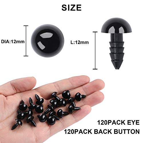 UPINS 120Pcs 12mm Plastic Safety Crochet Eyes with 120Pcs Washers for Craft | Black Plastic Eyes Bulk for Stuffed Animals, Crochet Toy Crafters, Doll Making Supplies - size: 12mm