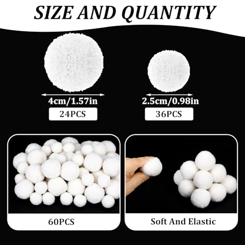 SEPGLITTER 60Pcs 1.5 and 1 Inch Large White Yarn Pom Poms for DIY Crafts | Large Size, Fuzzy Fluffy Puff Balls, Christmas Pompoms for DIY Arts Costume, Easter Winter Decoration Party Supplies - style: White Style