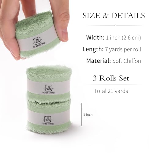 DORIS HOME Handmade Frayed Fringe Chiffon Ribbon 1" x 21Yd Sage Green | Fabric Ribbon, For Flower Bouquet/Gift Wrapping/Wedding Invitations/Christmas Decorations/Party Decor - color: Sage Green