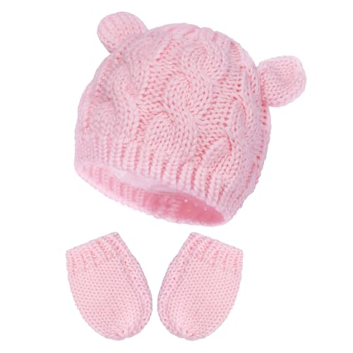 Baby Winter Hat Mittens Set Knitted Beanie Gloves for Baby Girls Boys Newborn Infant Toddler Autumn Winter - color: Pink