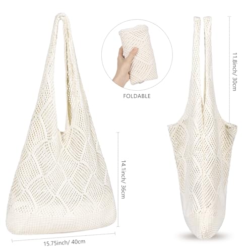 WantGor Crochet Bags, Beach Mesh Tote Bag Womens Shoulder Shopping Handbag | Casual Travel Totes Bag Foldable Hobo Bags - color: Beige Apricot