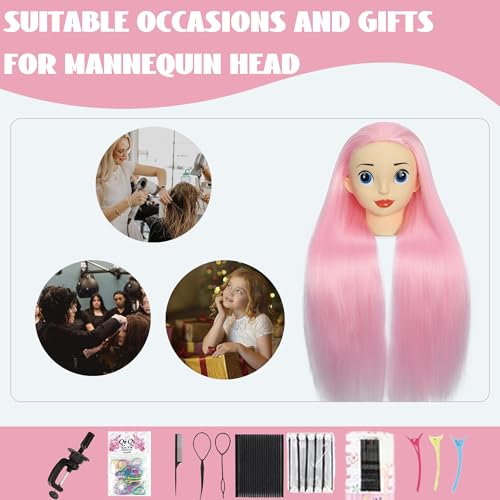 Mannequin Head with Hair 24" Cosmetology Manikin Doll Head for Styling Hairdresser Practice Braiding Training Head Practice Cosmetology with Free Clamp Holder Cute Face Big Eyes (Light Pink) - color: Light Pink