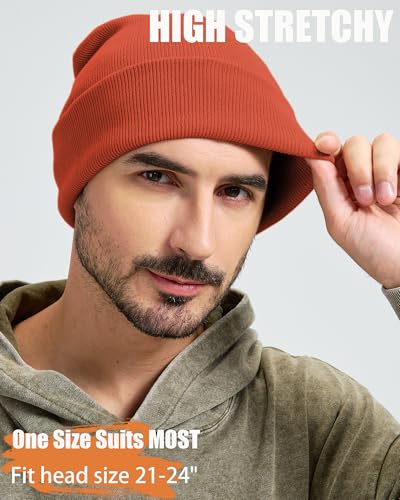 100% Cotton Beanie Lengthen Cuffed Beanies Knit Winter Hats Unisex | Double-Layer Warmth,Ultra-Soft 100% Cotton Knit,Long Non-itchy,Snug No-Slip Stretch Fit,Warm Winter Skull Cap - color: 1-orange