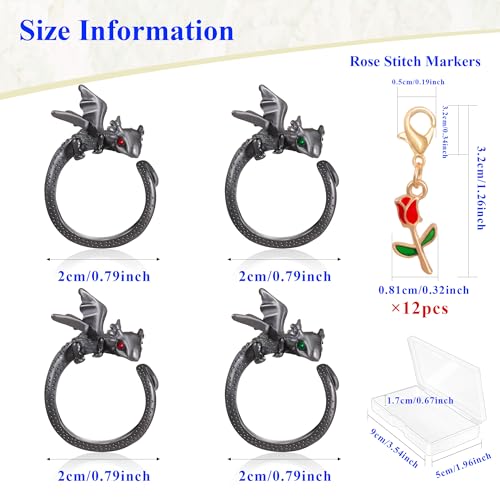HUISUYTON Dragon Crochet Tension Ring for Finger, 4Pcs (Black) | Lefties & Righties Crochet Rings with Storage Box, Yarn Guide Ring for Crocheters Knitters Mom Grandma Gifts - color: Black