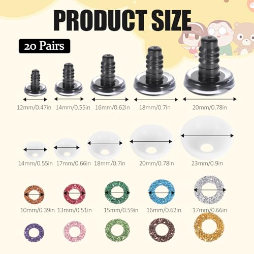 HJZHII 120Pcs 3D Glitter Eyes for Amigurumi, 12-20 mm Plastic Safety Eyes for Crocheting with Washers Craft Crochet Doll Eye for Plush Stuffed Animals DIY Gifts Doll Decorations