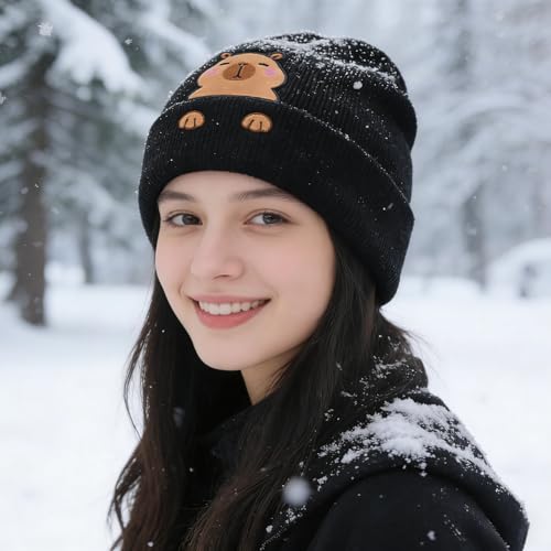 Personality Animal Head Embroidery Knit Beanie Hat for Adult and Big Kids Winter Warm Skull Cuffed Hats - color: Capybara 2-black