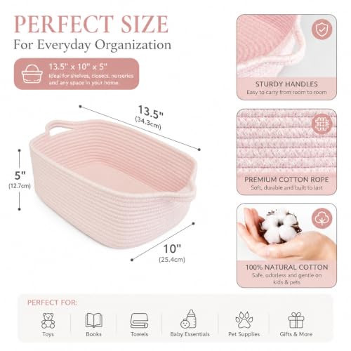 XUANGUO Medium Woven Cotton Rope Storage Basket with Handles, Light Pink | Small decorative rectangle storage bin for baby nursery items and cat toys; ideal as an empty gift basket or dog toy basket - color: Light pink