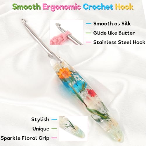Katech 4.0mm Crochet Hook for Arthritic Hands,Hand-Polished Stainless Steel | Ergonomic Crochet Hooks with Customized Sparkle Dried Floral Grip, Smooth Tapered Hook-Crochet Gift for Beginner & Crocheter - size: 4.0mm