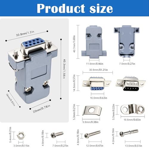 18Pack DB9 Connector Adapter Kit, 9 Pin D-SUB Male/Female Solder Cup Connectors, Tin Plated Housing, Lightweight Gray Plastic Hoods, Individually Bagged
