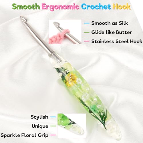 Katech 5.5mm Crochet Hook for Arthritic Hands,Hand-Polished Stainless Steel | Ergonomic Crochet Hooks with Customized Sparkle Dried Floral Grip, Smooth Tapered Hook-Crochet Gift for Beginner & Crocheter - size: 5.5mm